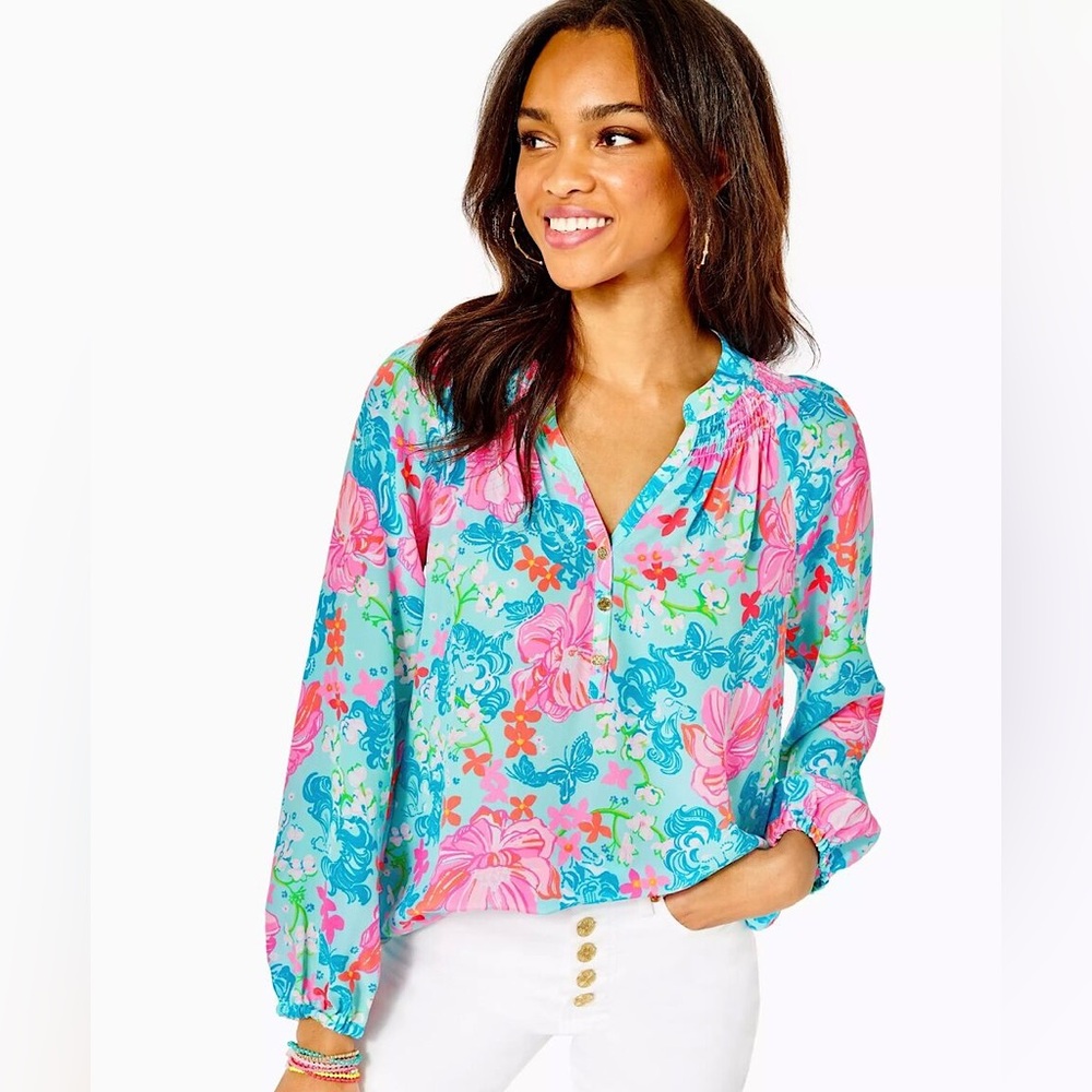 LILY PULIITZER | Elsa Floral Silk Top Surf Blue Luscious Lions Size M - Picture 2 of 11